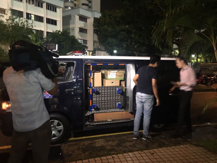 A police van outside Hougang stadium on 20 April.