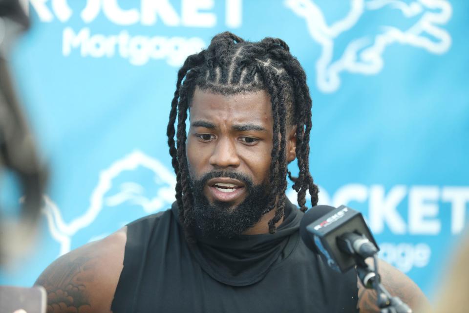 Detroit Lions cornerback Cam Sutton talks with reporters after training camp in Allen Park, Tuesday, July 25, 2023.