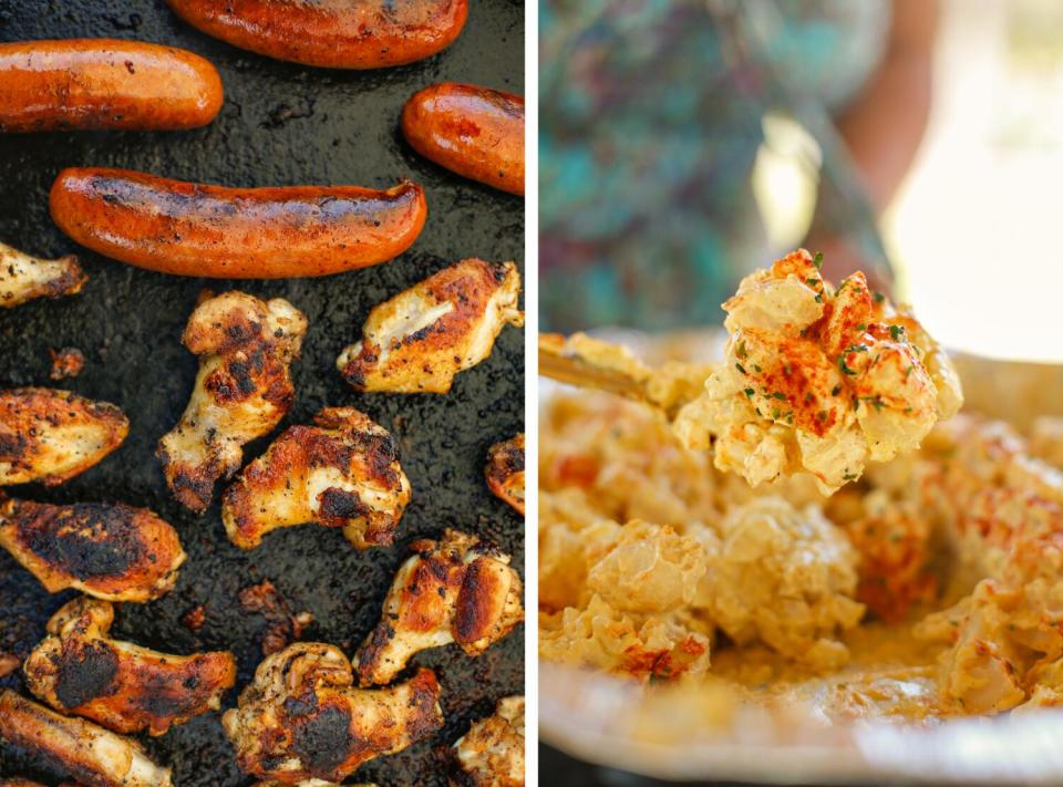 Two photos side by side, one of meat on a grill and the other of potato salad