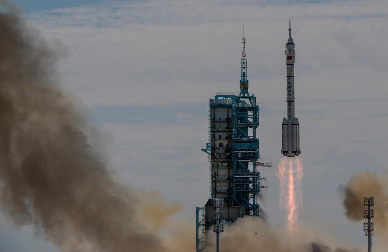 The manned Shenzhou-12 spacecraft from China's Manned Space Agency onboard the Long March-2F rocket launches with three Chinese astronauts onboard at the Jiuquan Satellite Launch Centre (Getty)