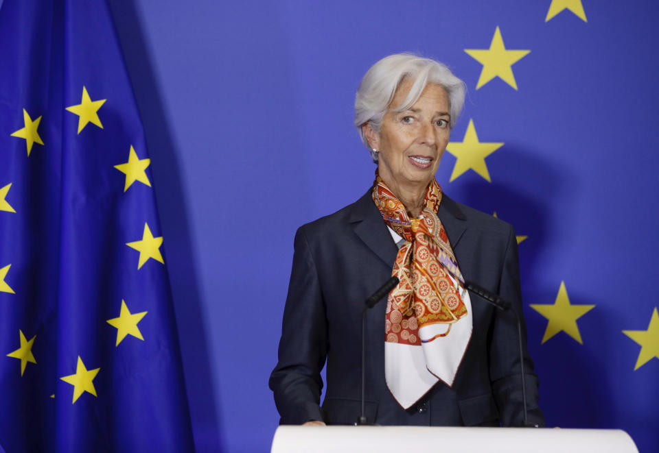 European Central Bank President Christine Lagarde speaks during an event to mark the 10th anniversary of the entry into force of the Lisbon Treaty at the House of European History in Brussels, Sunday, Dec. 1, 2019. (AP Photo/Olivier Matthys)