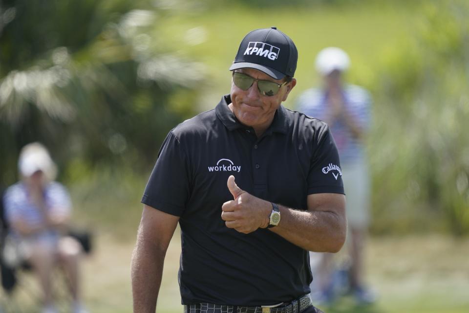 Phil Mickelson reacts on the fourth hole during the third round at the PGA Championship golf tournament on the Ocean Course, Saturday, May 22, 2021, in Kiawah Island, S.C. (AP Photo/Matt York)