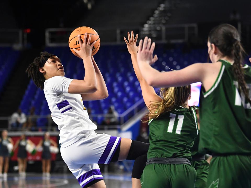 Clarksville's Imari Berry (2) with the shot attempt during the TSSAA BlueCross Girls Basketball Championship Class 4A quarterfinal game against Green Hill in Murfreesboro, Tenn. on Tuesday, March 7, 2023. 