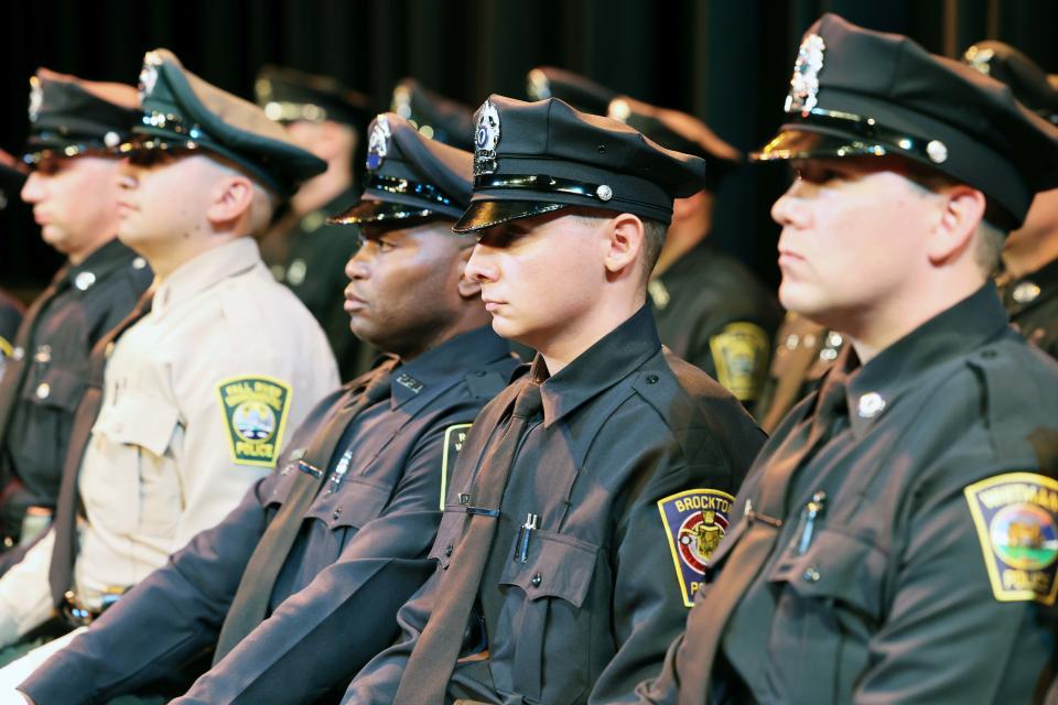 Graduates during the Commonwealth of Massachusetts Municipal Police Training Committee Graduation Exercises, 18th Recruit Officer Class, at Randolph Police Academy on Friday, Oct. 27, 2023.