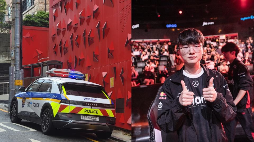 After receiving a death threat online, Dajeon police cars have been deployed all over T1's offices and the LoL Park to protect Faker. (Photo: horrang_dan, Riot Games)