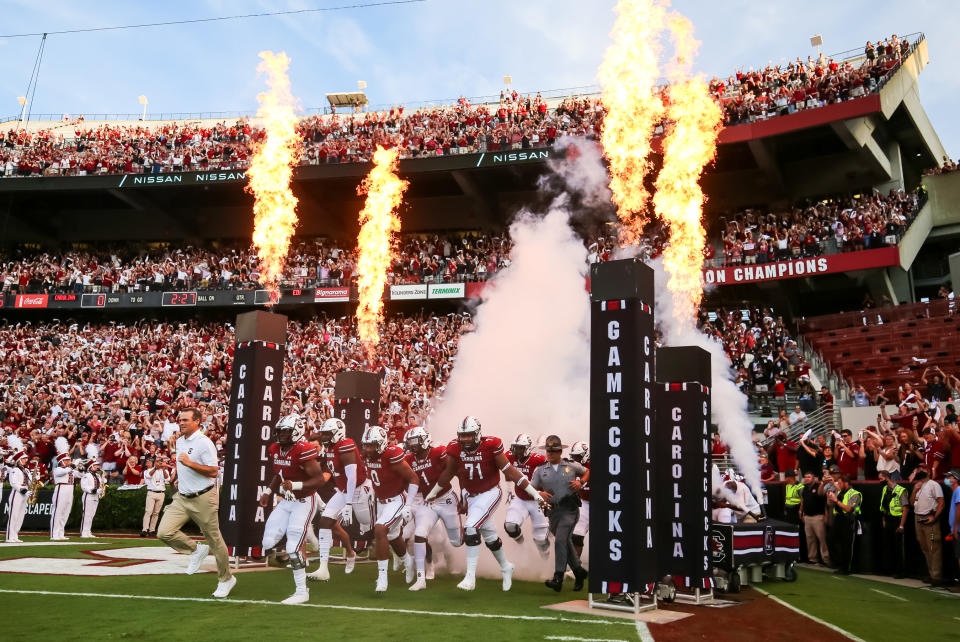 Sep 4, 2021; Columbia, South Carolina, USA; South Carolina Gamecocks head coach Shane Beamer leads his team onto the field before a game against the Eastern Illinois Panthers at Williams-Brice Stadium. Mandatory Credit: Jeff Blake-USA TODAY Sports