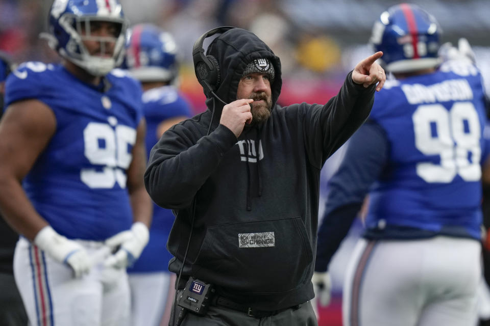 New York Giants head coach Brian Daboll works the sidelines during the first half an NFL football game against the Los Angeles Rams, Sunday, Dec. 31, 2023, in East Rutherford, N.J. (AP Photo/Seth Wenig)