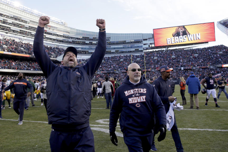 Chicago Bears head coach Matt Nagy celebrates after an NFL football game against the Green Bay Packers Sunday, Dec. 16, 2018, in Chicago. The Bears won 24-17. (AP Photo/David Banks)