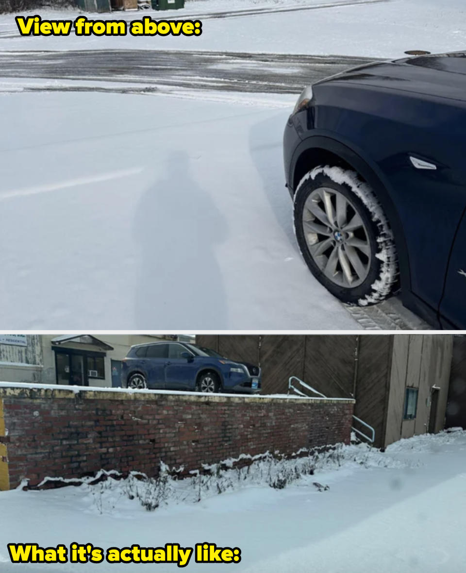 A snowy parking space at a dock with a drop-off that's not visible from the top