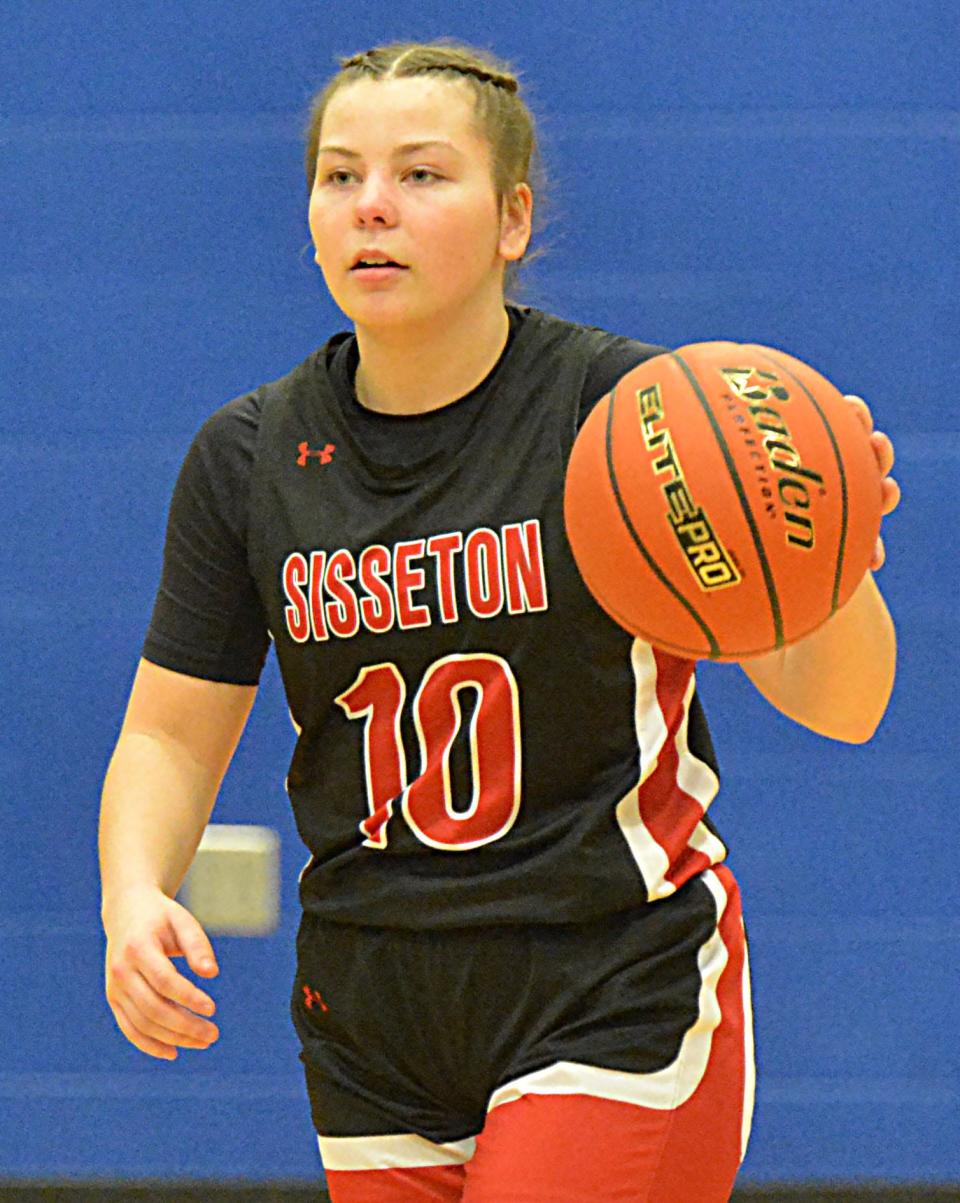 Sisseton's Hahnah Leverson directs the offense during a high school girls basketball game against Florence-Henry on Thursday, Feb. 15, 2024 in Florence. Sisseton won 62-54.