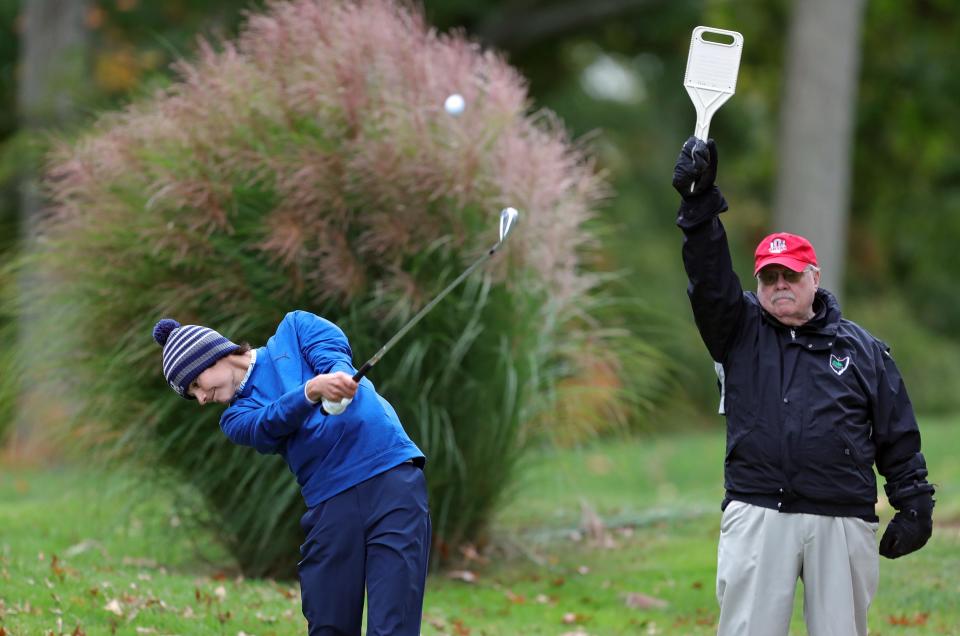 Ben Fauver of Hudson tees off on No. 3 during the Division I district golf tournament at Pine Hills Golf Club, Monday, Oct. 9, 2023, in Hinckley, Ohio.