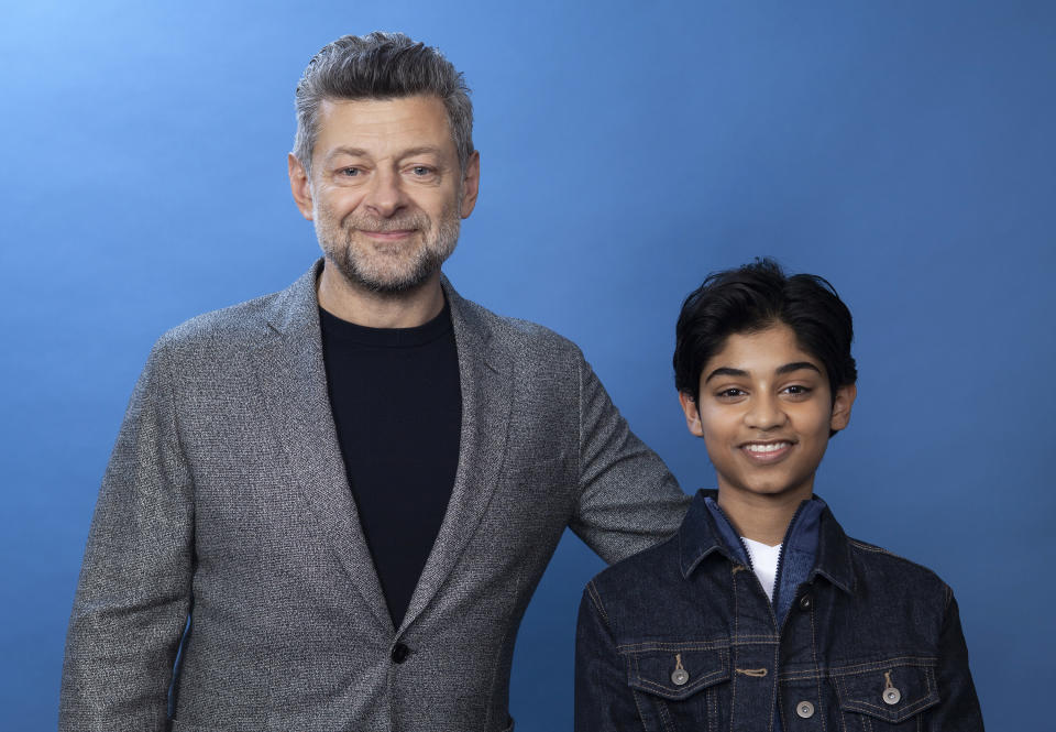 In this Nov. 28, 2018 photo, Andy Serkis, left, and Rohan Chand pose for a portrait at the Four Seasons Hotel in Los Angeles to promote their film "Mowgli: Legend of the Jungle," streaming on Nextflix on Friday, Dec. 7. (Photo by Rebecca Cabage/Invision/AP)