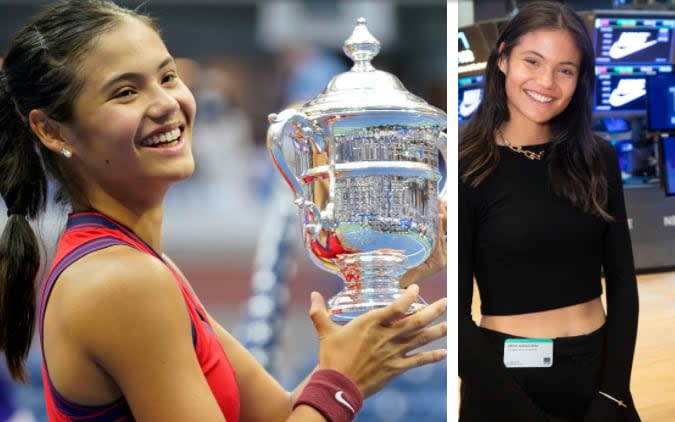 Emma Raducanu lifts the US Open trophy (left) and visits the New York Stock Exchange (right) - PA/NEW YORK STOCK EXCHANGE