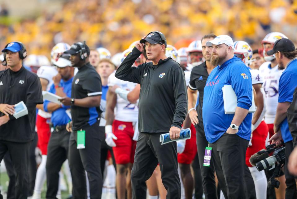 Kansas coach Lance Leipold during the second quarter against West Virginia at Milan Puskar Stadium.