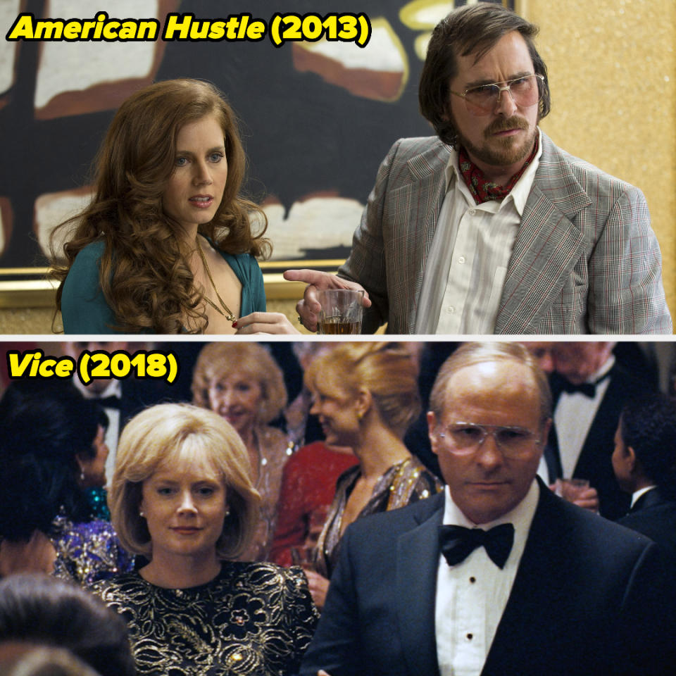 Top image shows Amy Adams and Christian Bale in "American Hustle" (2013). Bottom image shows Amy Adams and Christian Bale in "Vice" (2018)