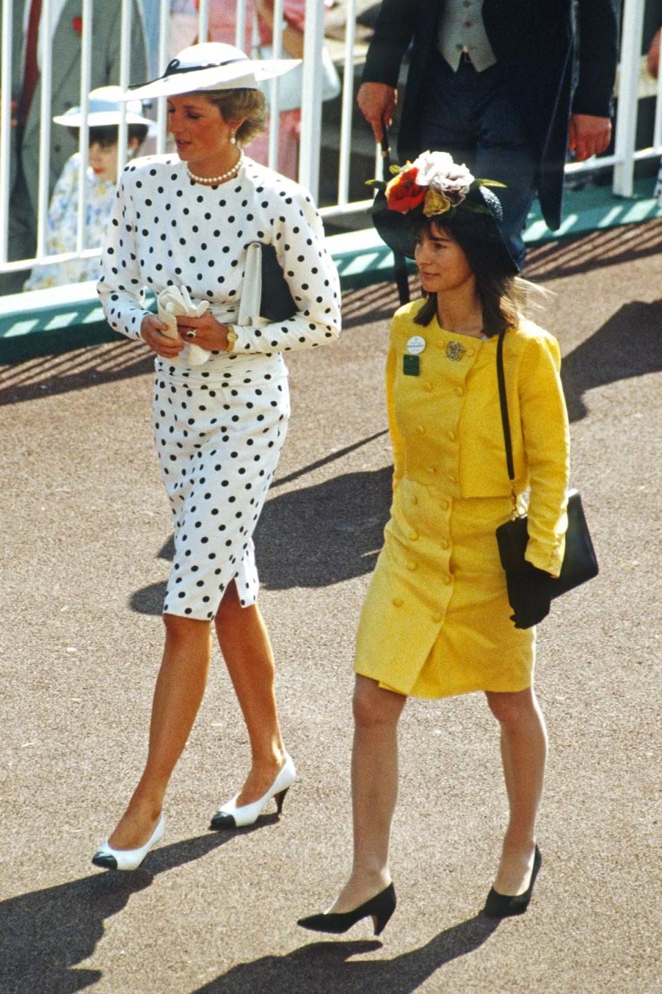 ASCOT, ENGLAND - JUNE 15: Diana, Princess of Wales, wearing a white dress with black polkadots designed by Victor Edelstein and a matching hat designed by Frederick Fox, attends Royal Ascot on June 15, 1988 in Ascot, United Kingdom. (Photo by Anwar Hussein/Getty Images)