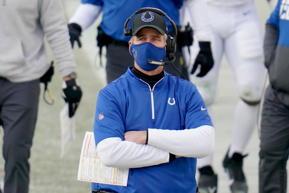 Indianapolis Colts head coach Frank Reich works the sideline during an NFL football game against the Pittsburgh Steelers, Sunday, Dec. 27, 2020, in Pittsburgh.