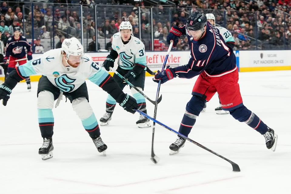 Blue Jackets forward Adam Fantilli has 12 goals and 15 assists in 49 games this season.