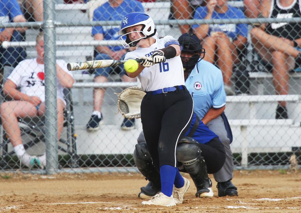 Colo-NESCO's Jasmine Johannes hits a two-run double during the first inning of the Royals' 4-2 victory over GMG on Friday.