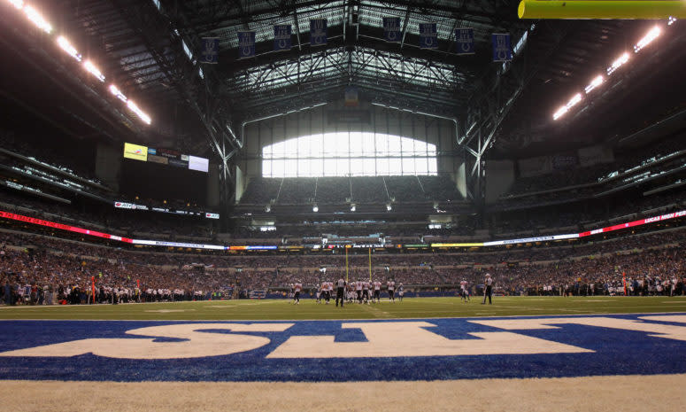 A view of the Indianapolis Colts stadium from the end zone.