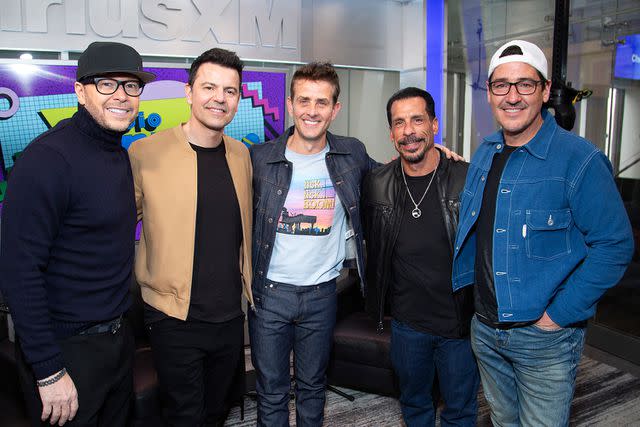 <p>Santiago Felipe/Getty Images</p> Donnie Wahlberg, Jordan Knight, Joey McIntyre, Danny Wood and Jonathan Knight of "New Kids On The Block' visit SiriusXM Studios on March 5, 2024 in New York City