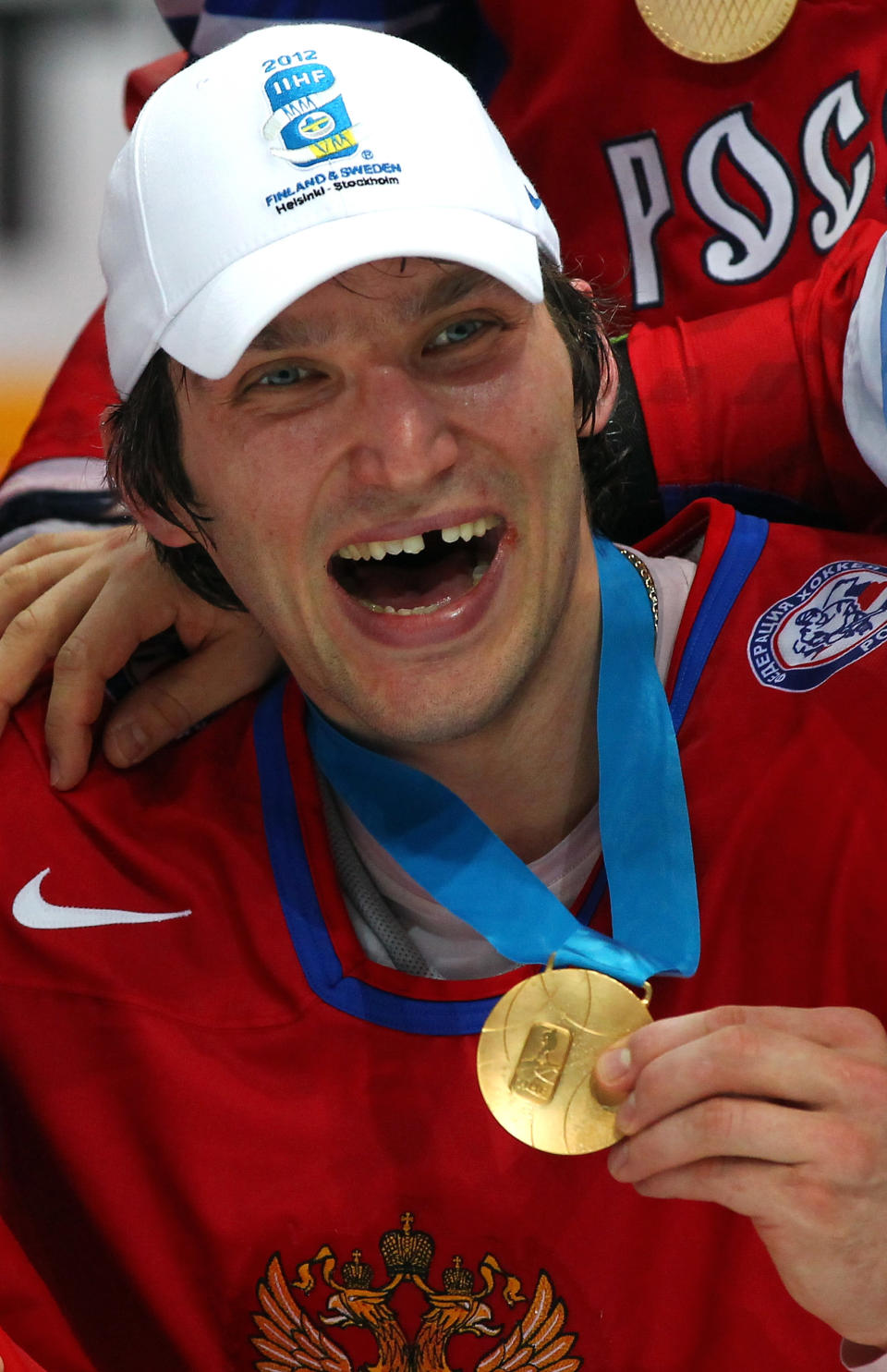 HELSINKI, FINLAND - MAY 20: Alexander Ovechkin of Russia celebrates after winning the gold medal after the IIHF World Championship gold medal match between Russia and Slovakia at Hartwall Arena on May 20, 2012 in Helsinki, Finland. (Photo by Martin Rose/Bongarts/Getty Images)