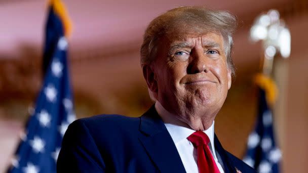 PHOTO: FILE - Former President Donald Trump announces he is running for president for the third time as he smiles while speaking at Mar-a-Lago in Palm Beach, Fla., Nov. 15, 2022.  (Andrew Harnik/AP)