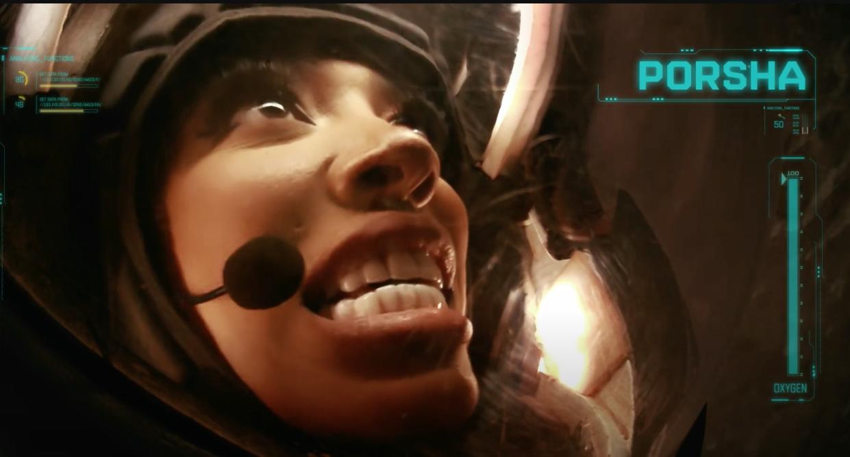  a woman looks anxious inside of a space helmet 