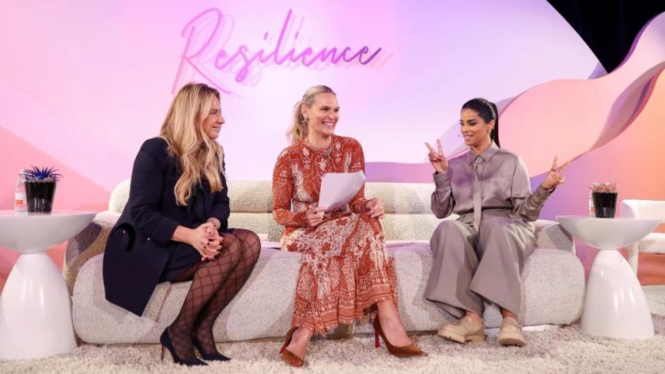 (L-R) Emese Gormley and Molly Sims host a live recording of podcast “Lipstick on the Rim” with guest Lilly Singh at The Wrap’s Power Women Summit (Shutterstock)