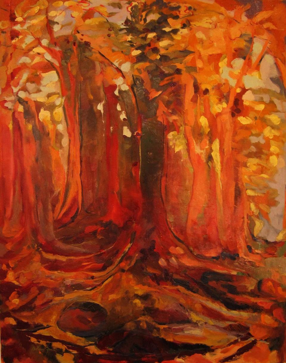 This publicity photo of Betina Fink's oil painting, "Aspen," (5 feet by 4 feet, 2013), demonstrates how reds, oranges and yellows, which are analogous colors (adjacent on the color wheel) get a "pop" from the addition of tints of blue-gray (blue is a complement, or opposite, of orange) and deep greens. (AP Photo/Betina Fink)