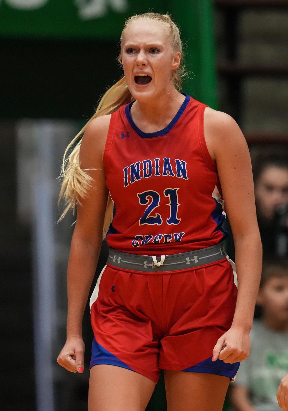 Indian Creek's Faith Wiseman (21) yells in excitement Thursday, Oct. 5, 2023, during the Hall of Fame Classic girls basketball tournament at New Castle Fieldhouse in New Castle. Lake Central defeated Indian Creek, 51-45.