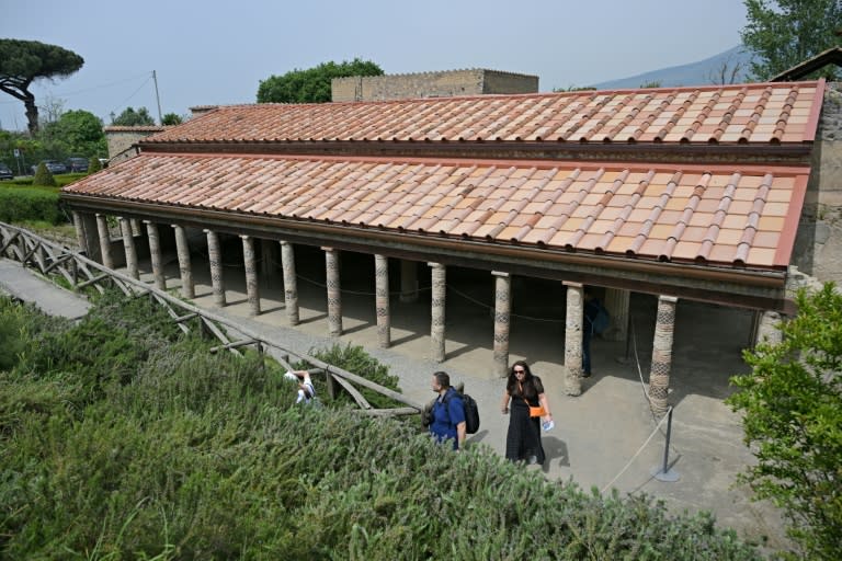 Des panneaux photovoltaïques ressemblant aux tuiles traditionnelles en terre cuite installés sur la Villa des Mystères, à Pompéi, près de Naples, le 15 avril 2024 (Andreas SOLARO)