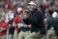 Georgia head coach Kirby Smart reacts during the second half of the College Football Playoff championship football game against Alabama Monday, Jan. 10, 2022, in Indianapolis. (AP Photo/Paul Sancya)