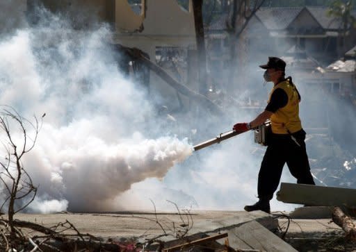 A helper sprays insecticides in southern Thailand to prohibit the reproduction of malaria mosquitos, in 2005. Deadly malaria that is resistant to drug treatment has spread rapidly to the border between Thailand and Myanmar, raising concerns of an uncontrollable epidemic, scientists say