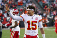 Kansas City Chiefs quarterback Patrick Mahomes (15) waves to fans before an NFL football game against the Cincinnati Bengals in Cincinnati, Sunday, Dec. 4, 2022. (AP Photo/Joshua Bickel)