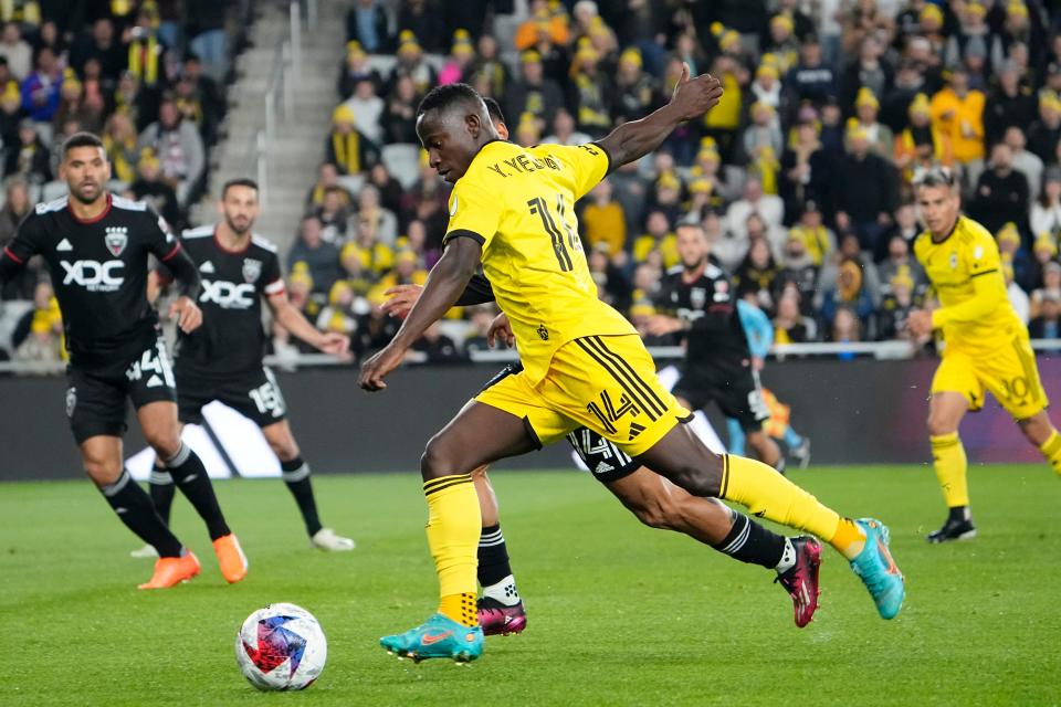 Columbus Crew midfielder Yaw Yeboah (14) scored the opening goal in the Crew's 5-1 win over Loudoun United FC in the U.S. Open Cup on Wednesday.