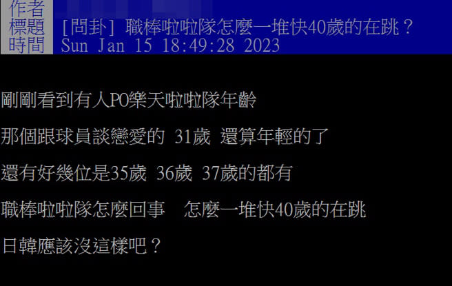 網友在PTT上以「職棒啦啦隊怎麼一堆快40歲的在跳」為題發文，掀起眾人熱議。（圖／PTT）