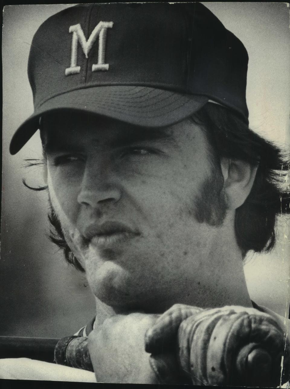 Rookie Gorman Thomas wore a determined look while he waited for his turn to swing a bat in 1973.