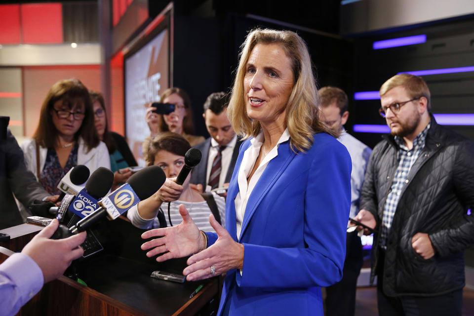 Senate candidate Democrat Katie McGinty speaks with members of the media following the debate with Republican Sen. Pat Toomey, R-Pa., in Pittsburgh, Monday, Oct. 17, 2016. (Photo: Jared Wickerham/AP)