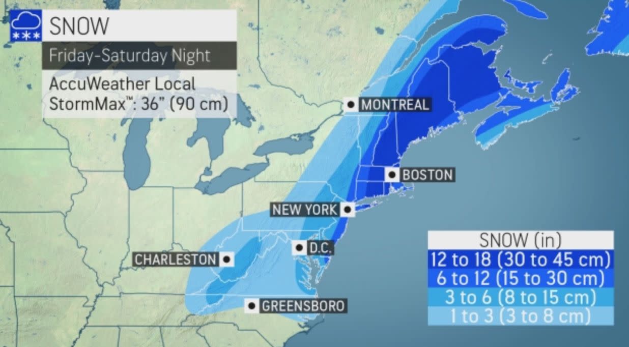 An Accuweather forecast of a weekend storm hitting the east coast.