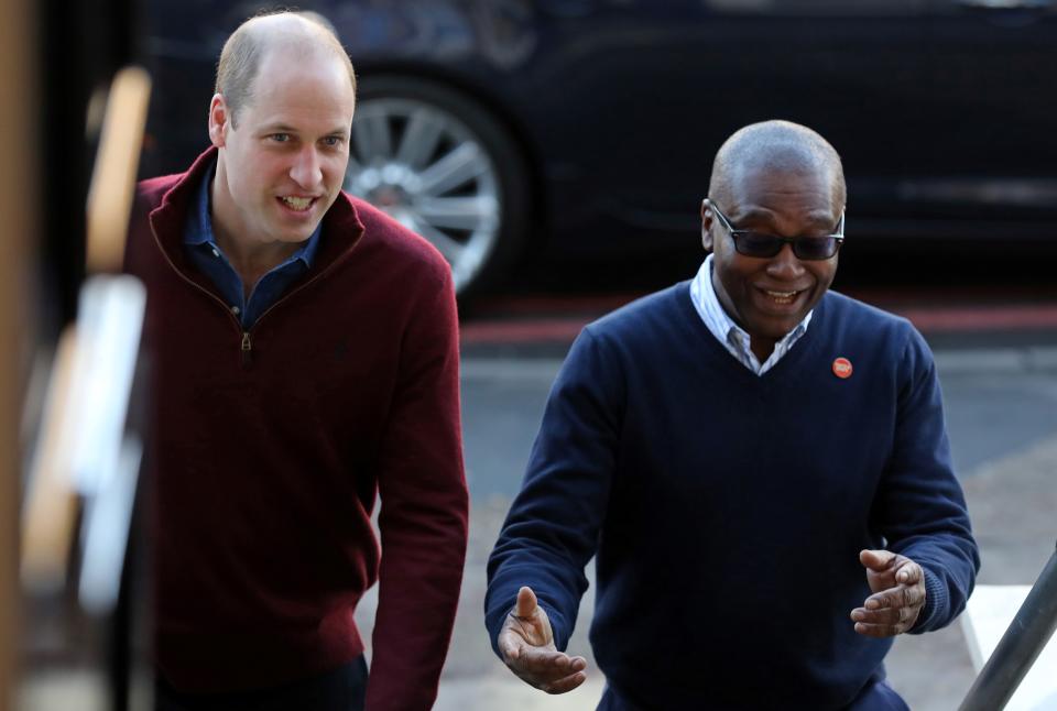 LONDON, ENGLAND - NOVEMBER 13: Prince William, Duke of Cambridge is greeted by CEO of Centrepoint, Seyi Obakin, as he arrives to visit Centrepoint's new Apprenticeship House in south London on November 13, 2019 in London, England. (Photo by Isabel Infantes - WPA Pool/Getty Images)