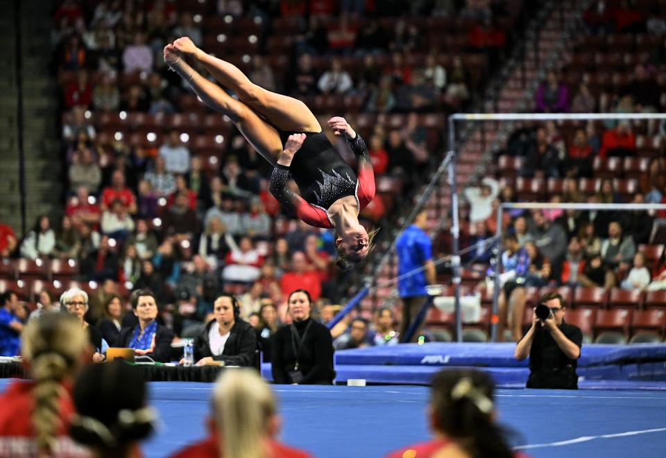 Southern Utah’s Brinlee Christensen performs on the floor as BYU, Utah, SUU and Utah State meet in the Rio Tinto Best of Utah Gymnastics competition at the Maverick Center in West Valley City on Monday, Jan. 15, 2024. | Scott G Winterton, Deseret News
