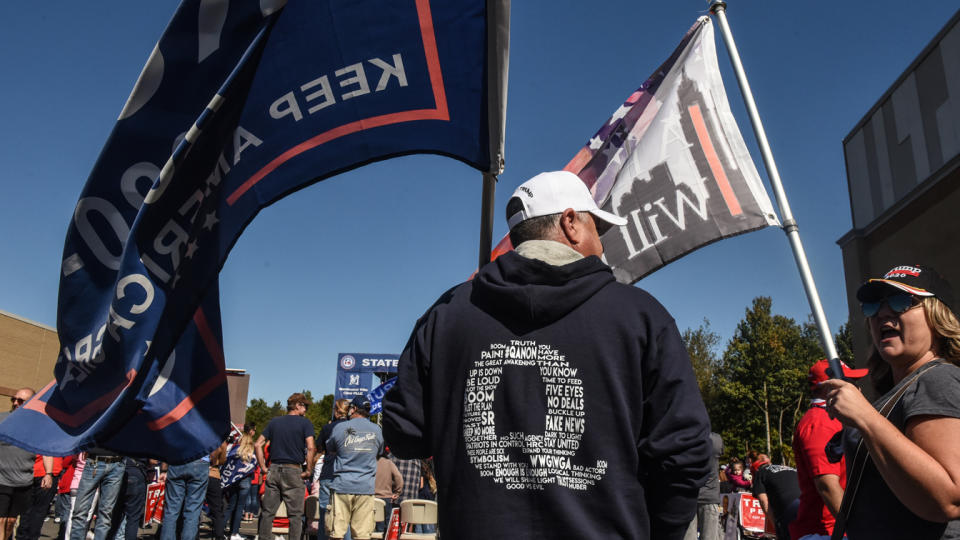 A person wears a QAnon sweatshirt during a pro-Trump rally on October 3, 2020 in the borough of Staten Island in New York City. (Stephanie Keith/Getty Images)