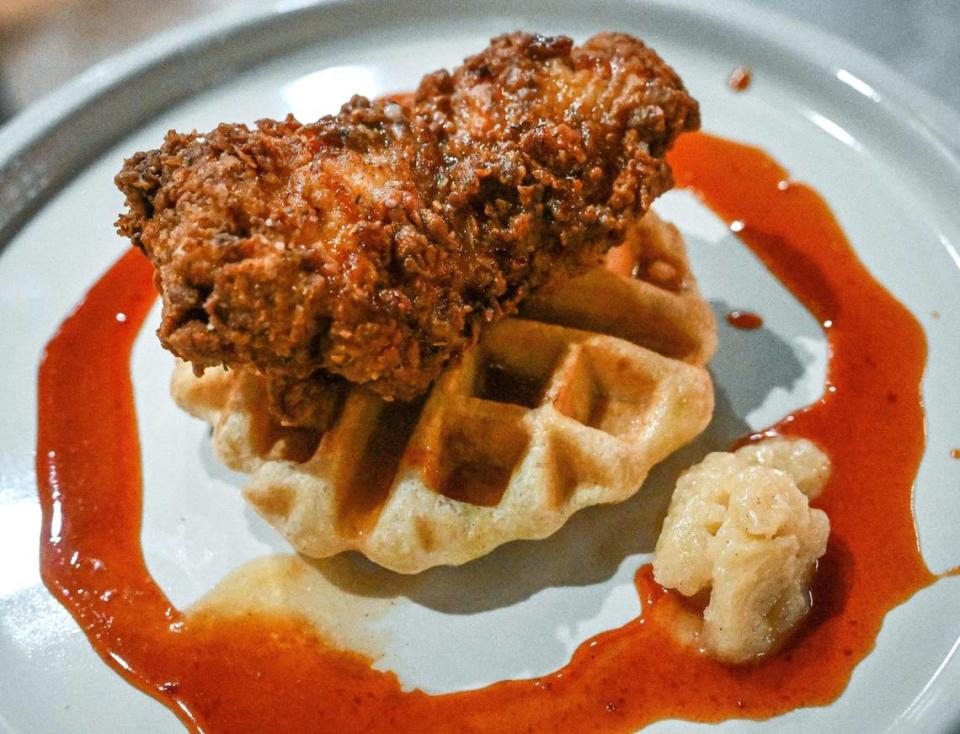 Chicken and waffles is served up during a test run for The Brunch Bar restaurant at Herndon and Willow avenues in Clovis on Tuesday, May 9, 2023.