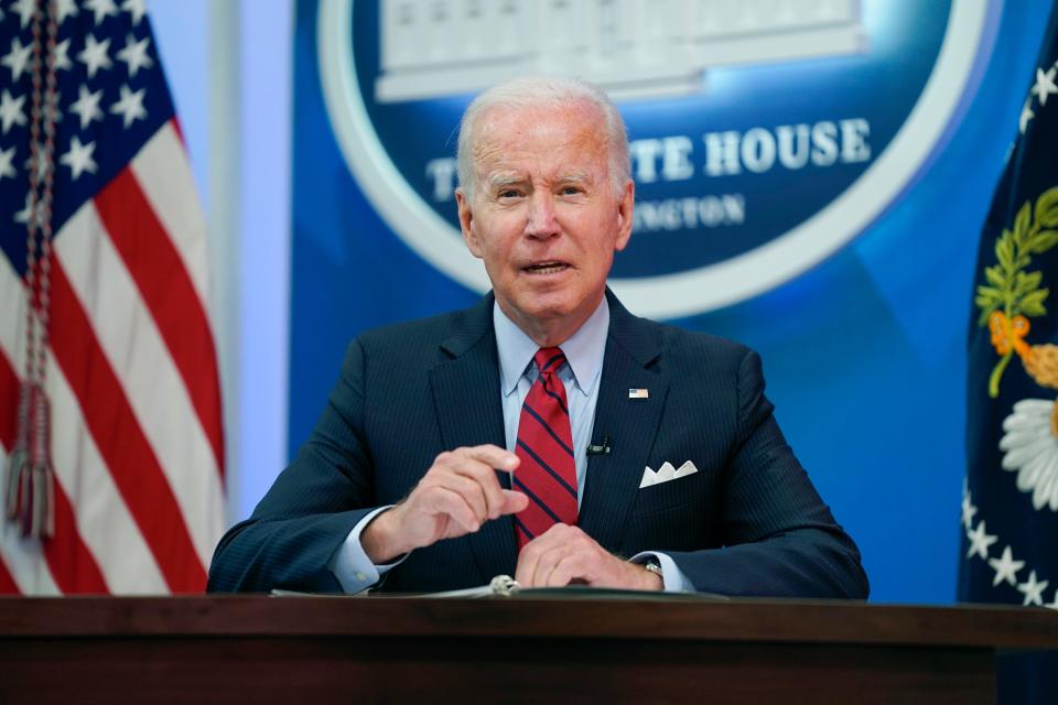 President Joe Biden speaks during a virtual meeting with Democratic governors on the issue of abortion rights, in the South Court Auditorium on the White House campus, Friday, July 1, 2022, in Washington. (AP Photo/Evan Vucci) ORG XMIT: DCEV406