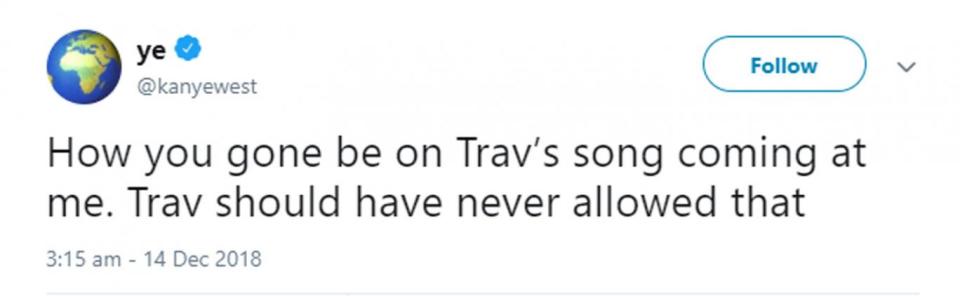 Family war: Kanye West took aim at Travis Scott during his Twitter rant (Twitter / Kanye West)