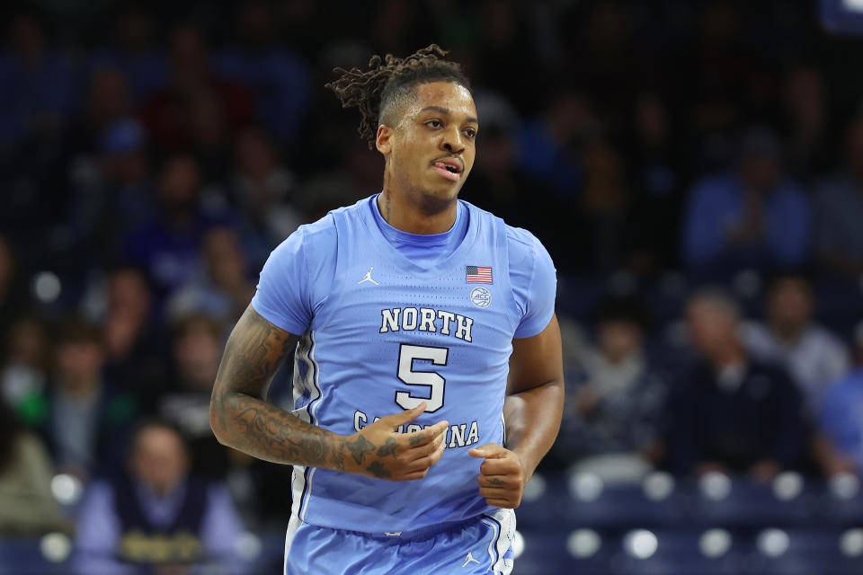 Armando Bacot #5 of the North Carolina Tar Heels reacts against the Notre Dame Fighting Irish during the first half at Purcell Pavilion at the Joyce Center on Feb. 22, 2023 in South Bend, Indiana. Michael Reaves/Getty Images