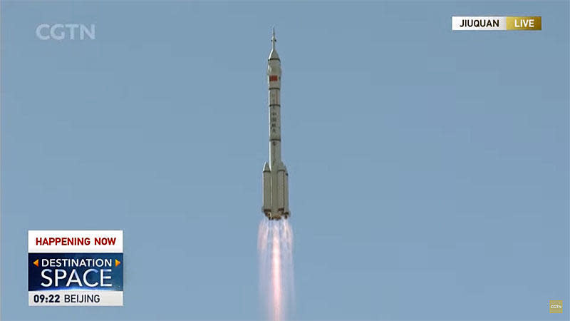 A Long March 2F rocket climbs away from the Jiuquan Satellite Launch Center in northwest China, boosting the Shenzhou-12 spacecraft and three Chinese astronauts into orbit for a flight to the Tianhe space station core module. / Credit: CGTN webcast