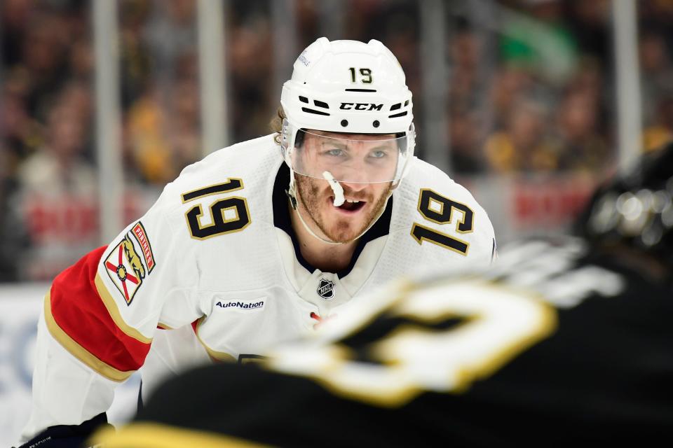 Florida Panthers left wing Matthew Tkachuk (19) gets ready for a face off during the second period in game six of the second round of the 2024 Stanley Cup Playoffs against the Boston Bruins at TD Garden.
