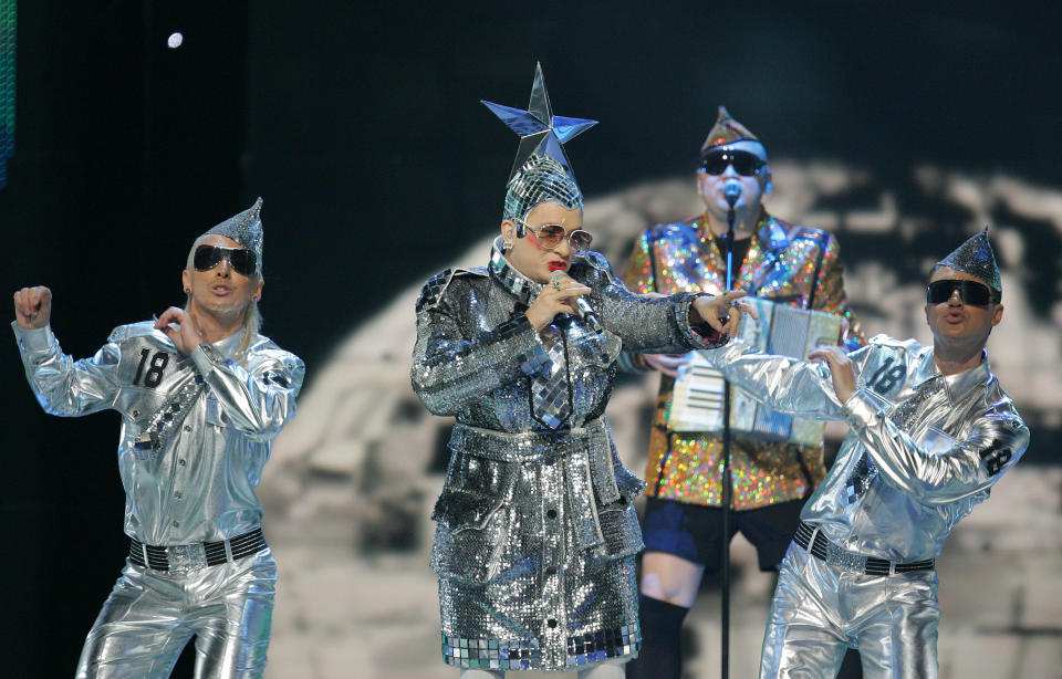 FILE - Ukraine's Verka Serduchka sings 'Dancing Lasha Tumbai' at a dress rehearsal for the 2007 Eurovision Song Contest, in Helsinki, Finland, May 12, 2007. The 68th Eurovision Song Contest is taking place in May in Malmö, Sweden. It will see acts from 37 countries vie for the continent’s pop crown. Founded in 1956, Eurovision is a feelgood extravaganza that strives to banish international strife and division. It’s known for songs that range from anthemic to extremely silly, often with elaborate costumes and spectacular staging. (AP Photo/Alastair Grant, File)